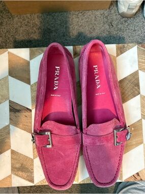 Prada Pink Suede Buckle Loafers